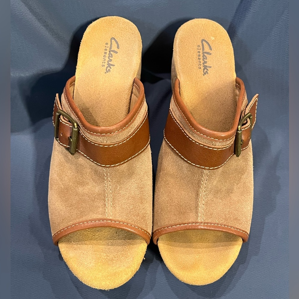 Clarks Elements Harwich Keel Platform Sandals Leather Cork 4” Wedge Brown Suede - Picture 4 of 12